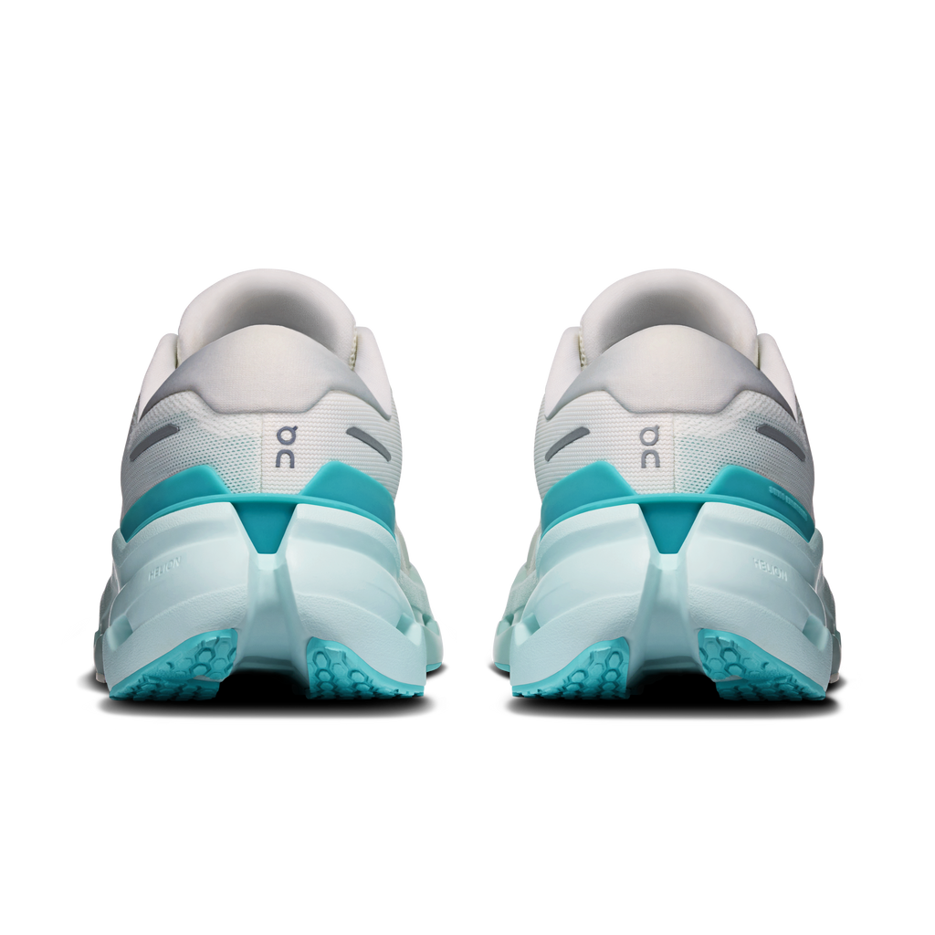 On Running Cloudrunner 3 women's heel view, ivory and aquamarine cushioning
