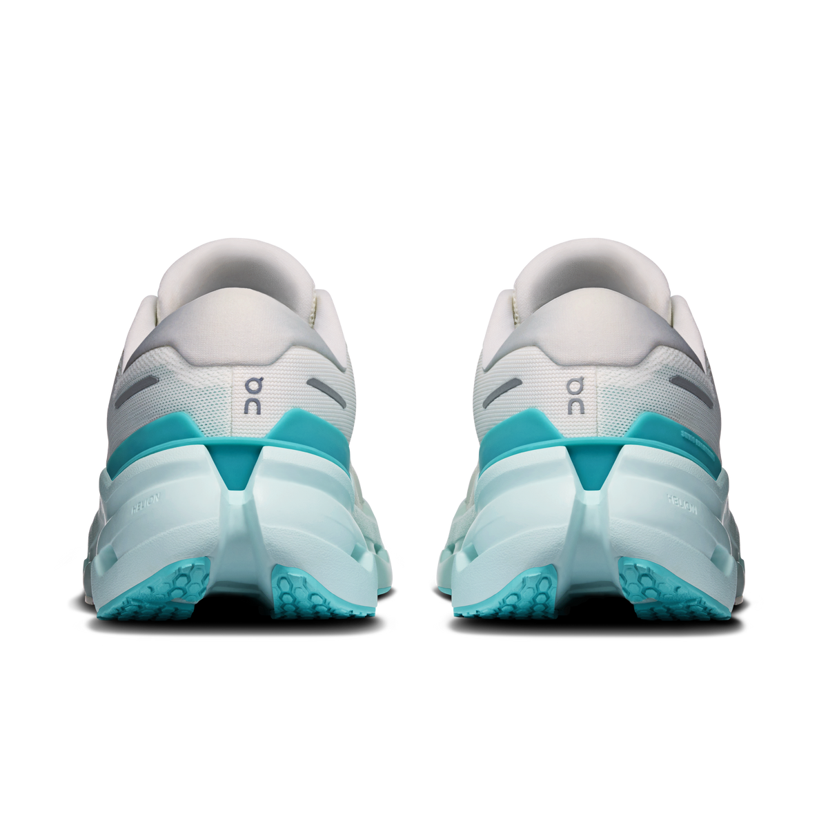 On Running Cloudrunner 3 women's heel view, ivory and aquamarine cushioning