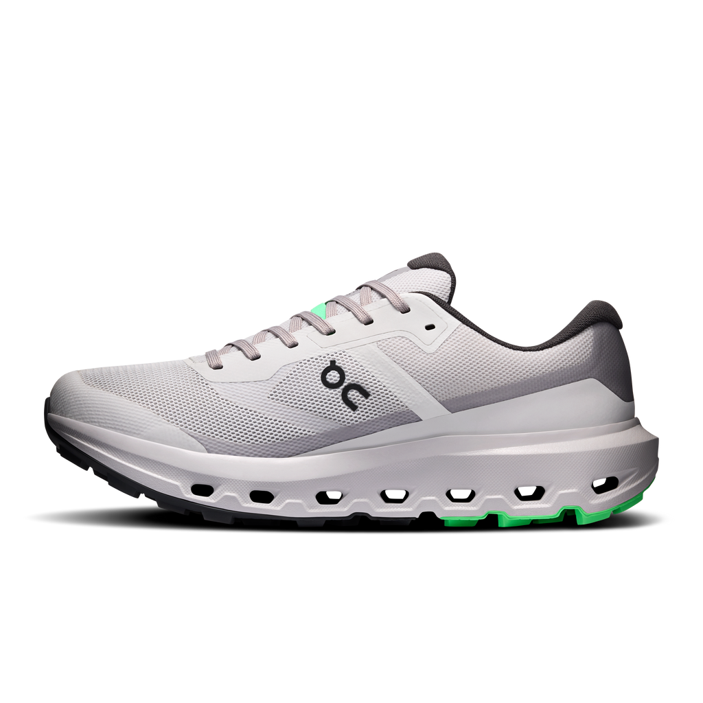Men's waterproof running shoes, silver mesh upper, gray midsole with green tread accents