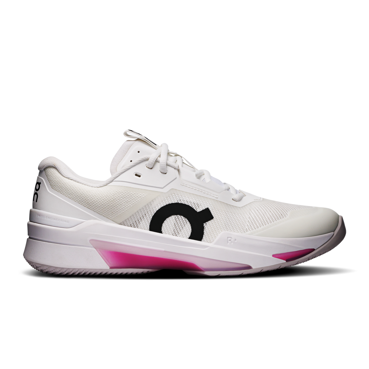 Men's On Running Roger Pro Fire shoes, white with black logo and pink accents