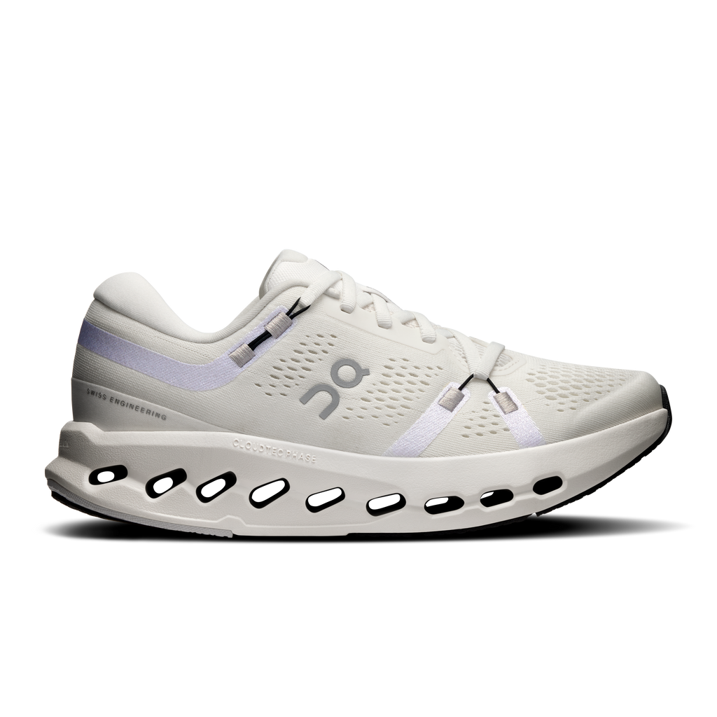 Ivory lace-up running shoes with lavender stripe and CloudTec pod outsole