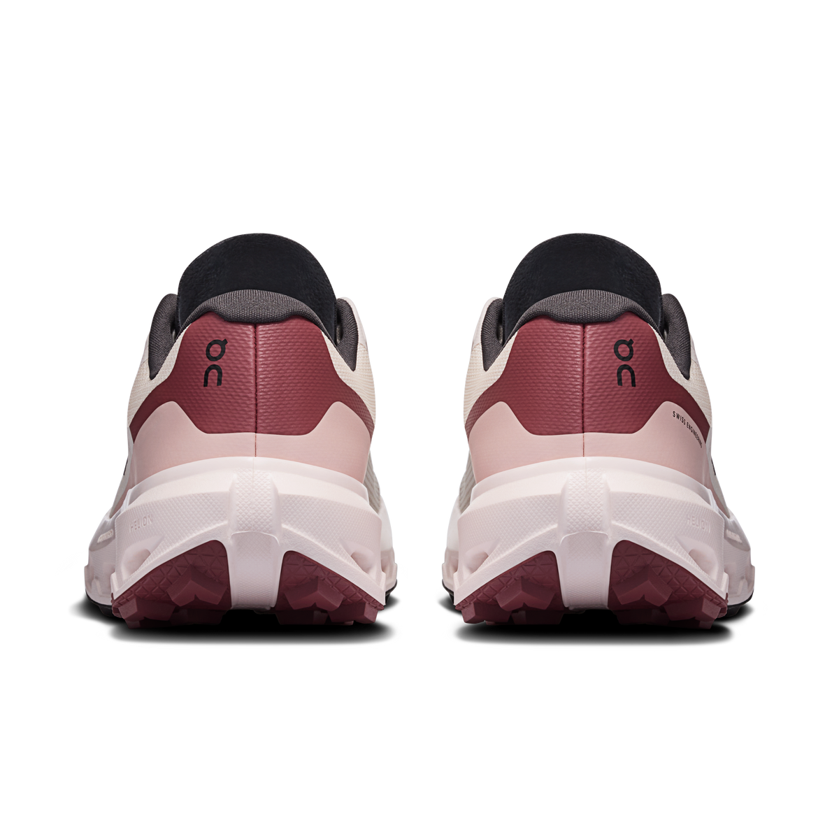 Women's running shoes heel view, maroon rear panel, dark collar, and cushioned white sole.