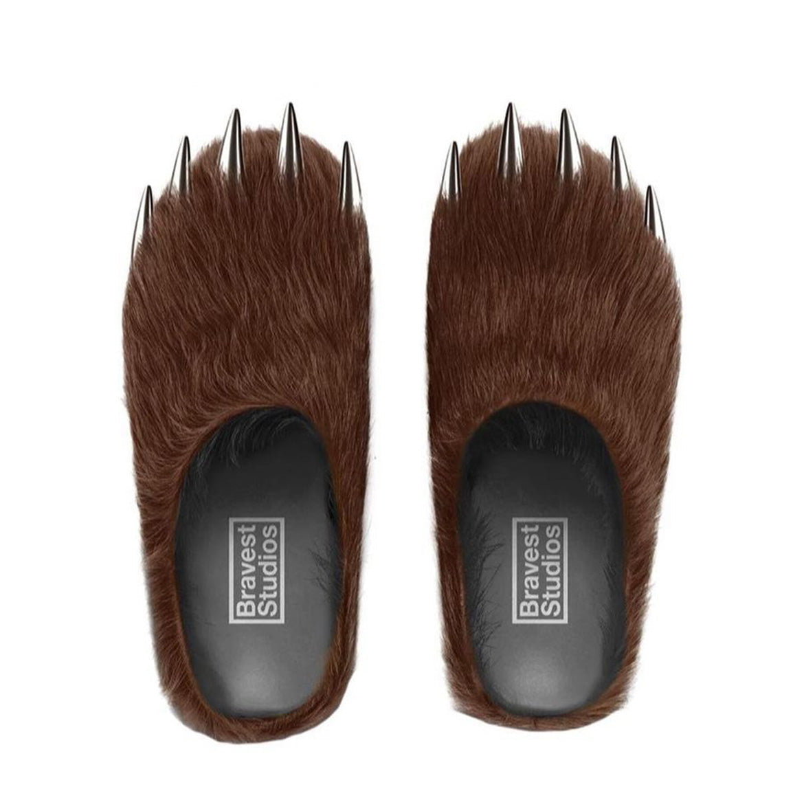 Pair of brown bear claw mules with metal spikes and faux fur uppers