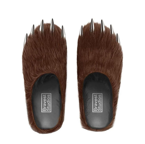 Pair of brown bear claw mules with metal spikes and faux fur uppers