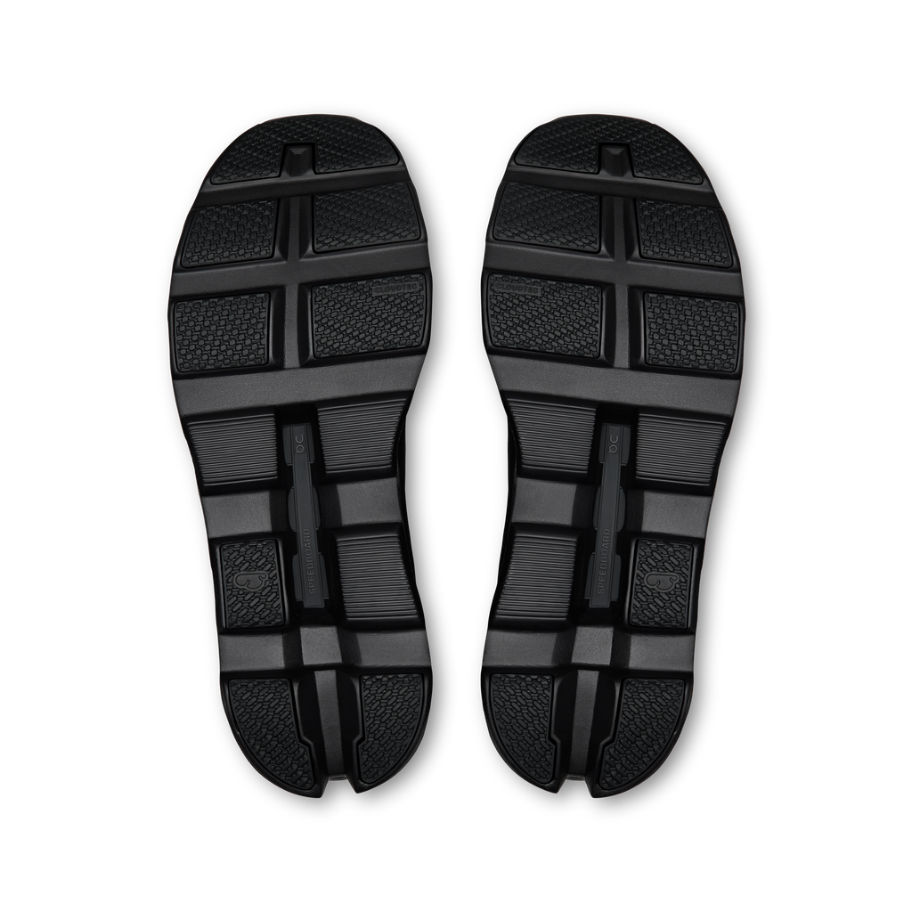 Pair of black shoe outsoles with grid tread and CloudTec heel pods