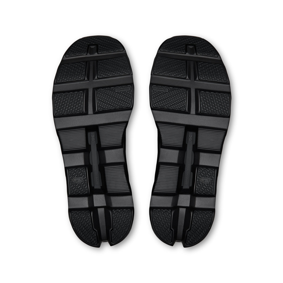 Pair of black shoe outsoles with grid tread and CloudTec heel pods