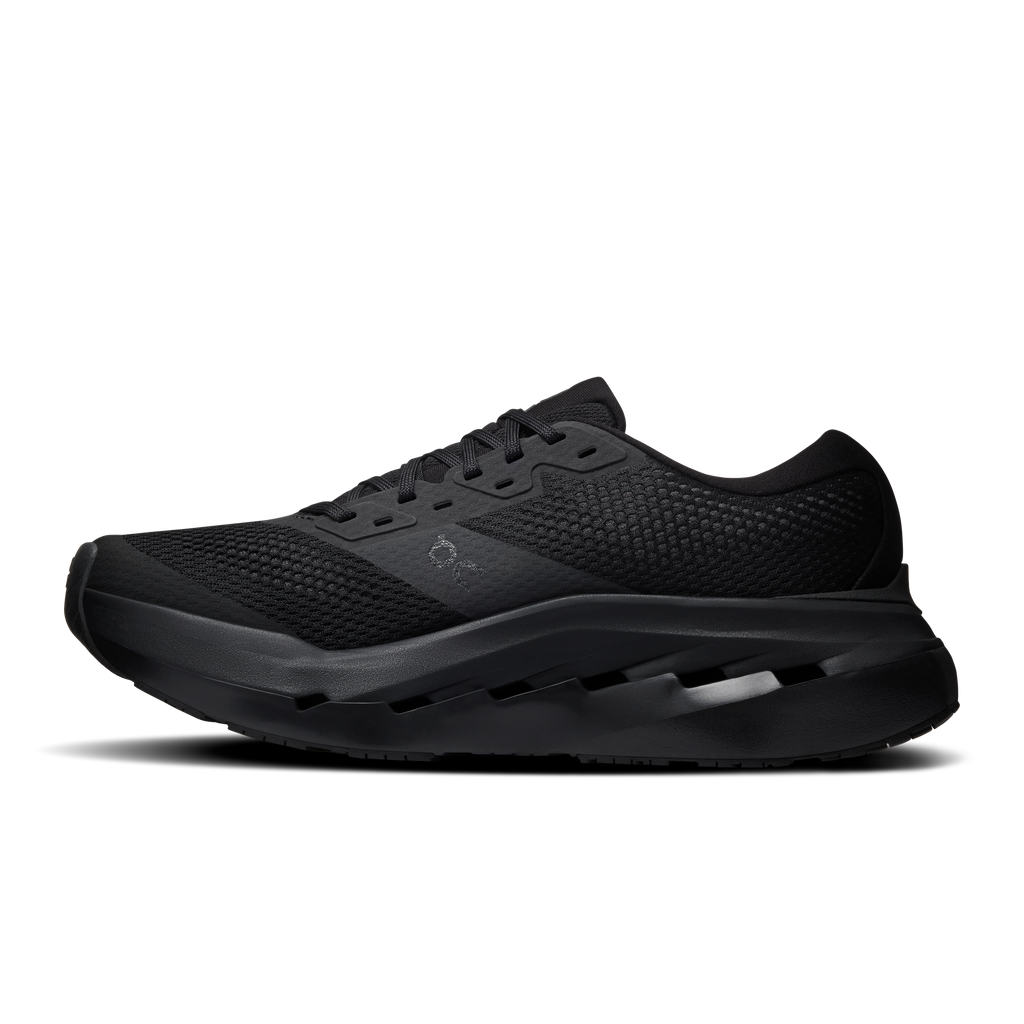 Men's black running shoes, front 3/4 view with textured upper and chunky midsole