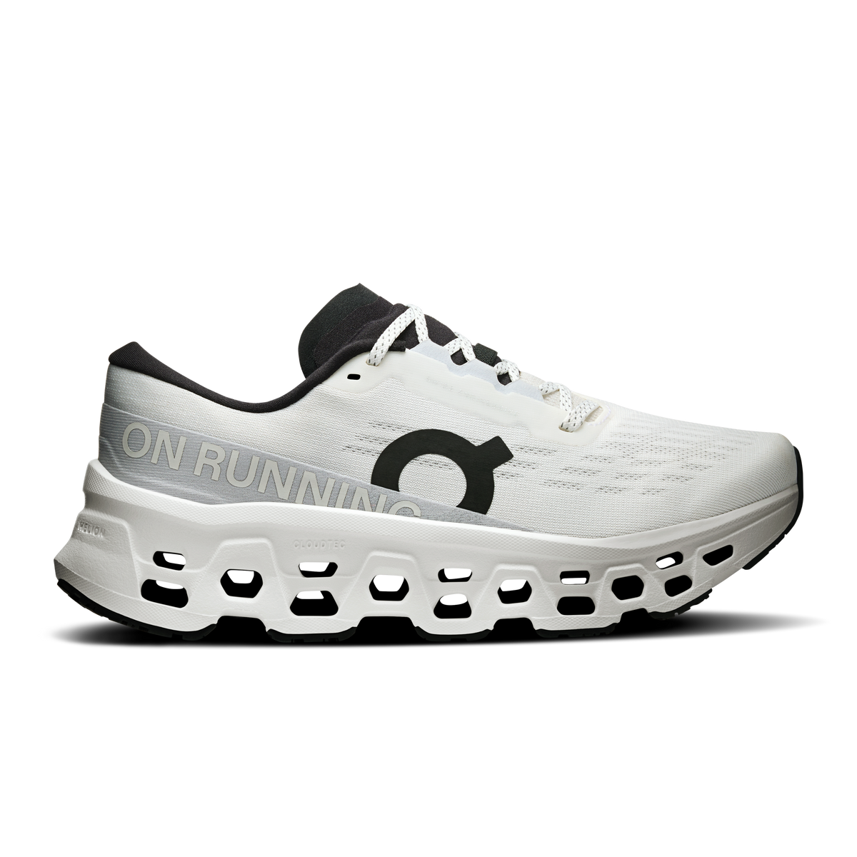Women's white running shoes with black logo and CloudTec-style cushioning outsole