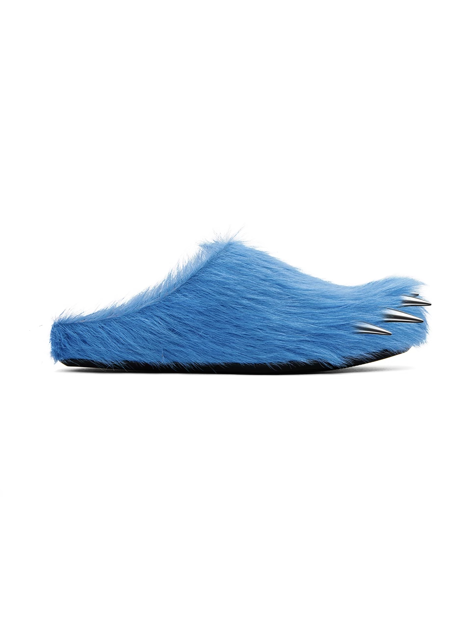 Blue faux-fur bear claw mules, low slip-on side view with pointed claw tips