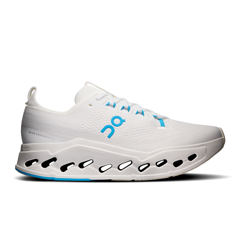 Men's white running shoes with blue laces and Cloudsurfer Max cushioning