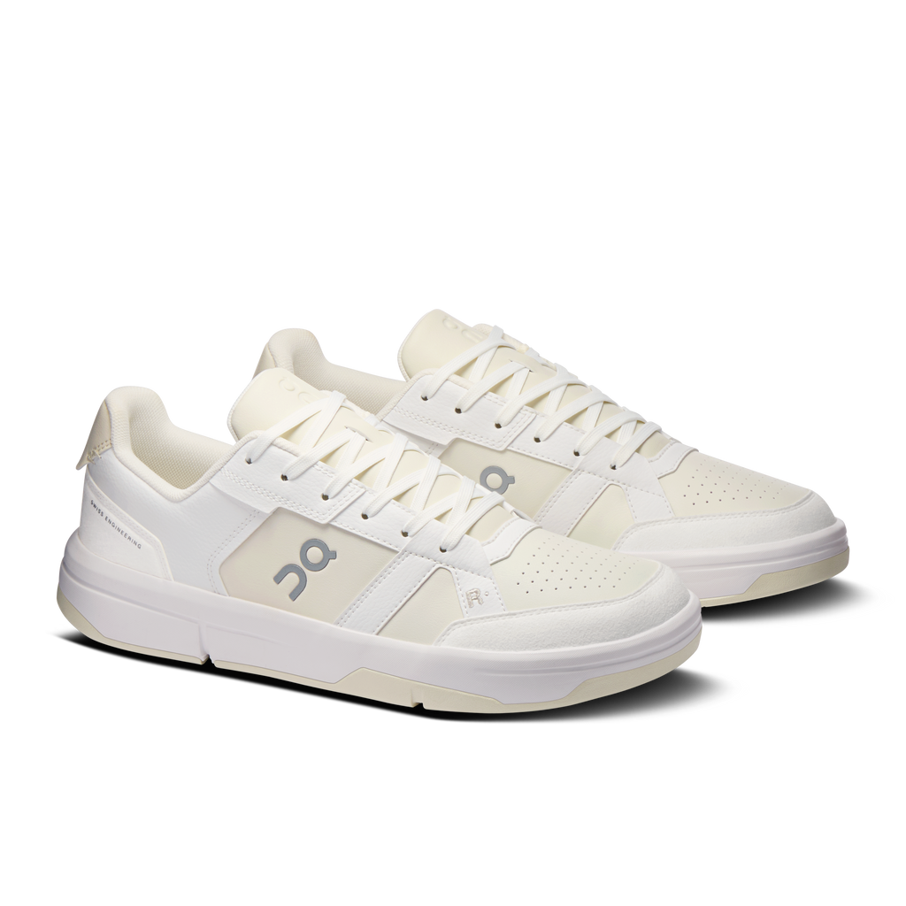 Men's white lace-up sneakers with dual-tone panels and On logo, side view