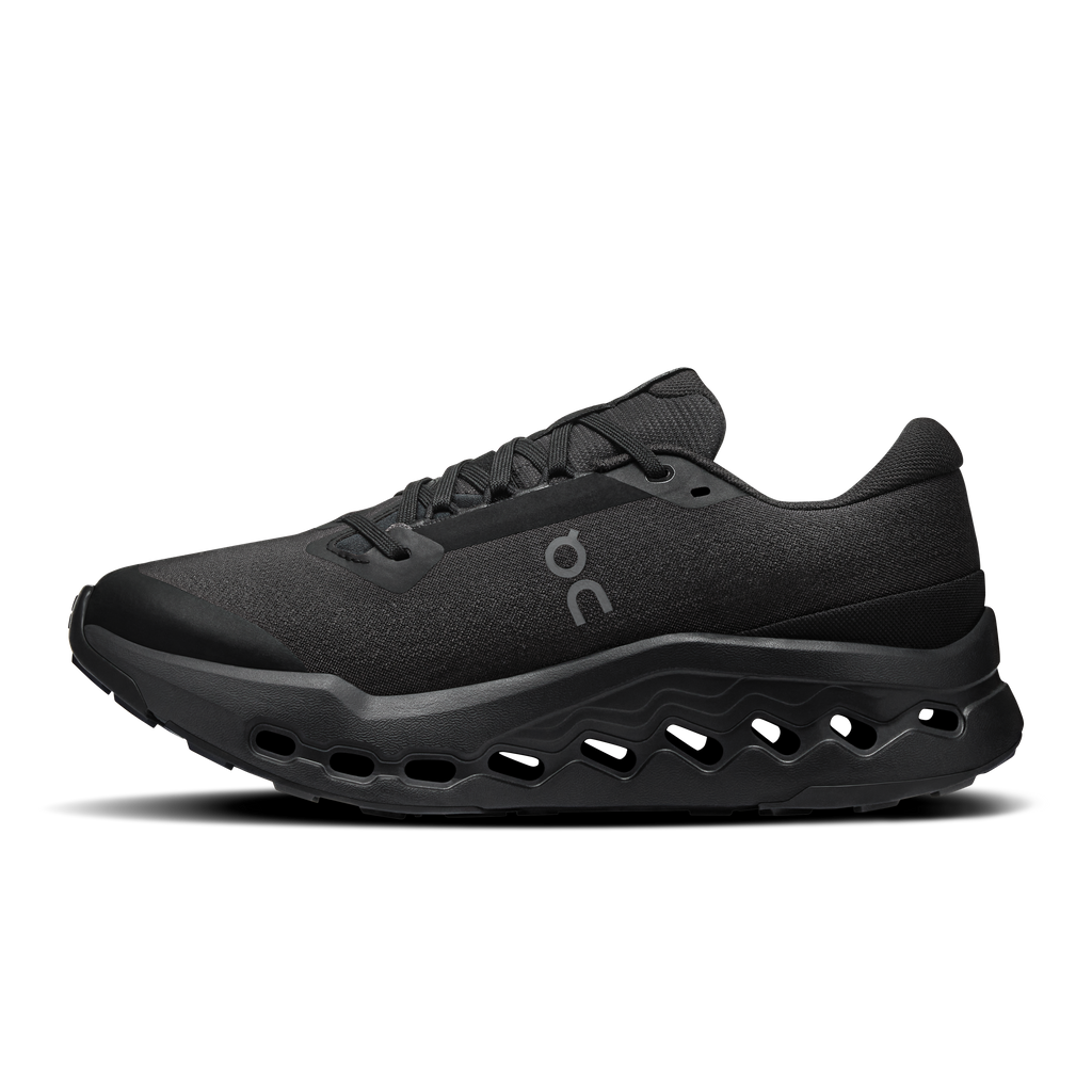 Black waterproof trail shoes with lace-up upper and grippy CloudTec midsole