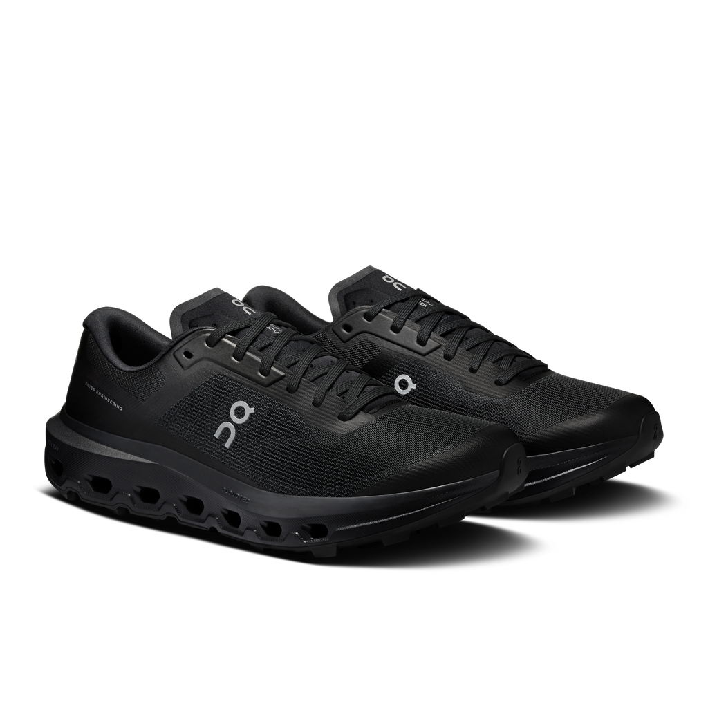 On Cloudvista 3 black running shoes, front 3/4 view, cushioned tread outsole