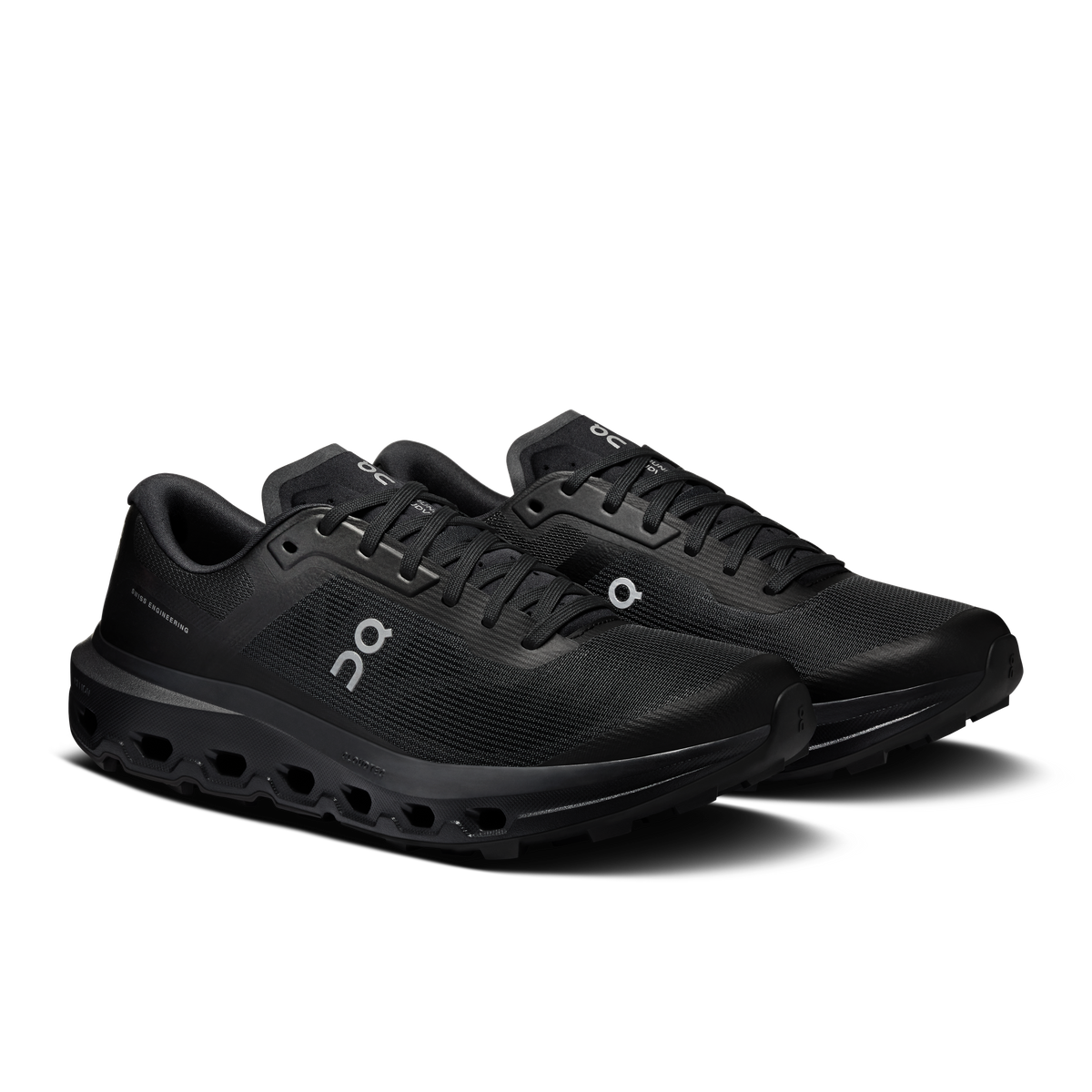 On Cloudvista 3 black running shoes, front 3/4 view, cushioned tread outsole