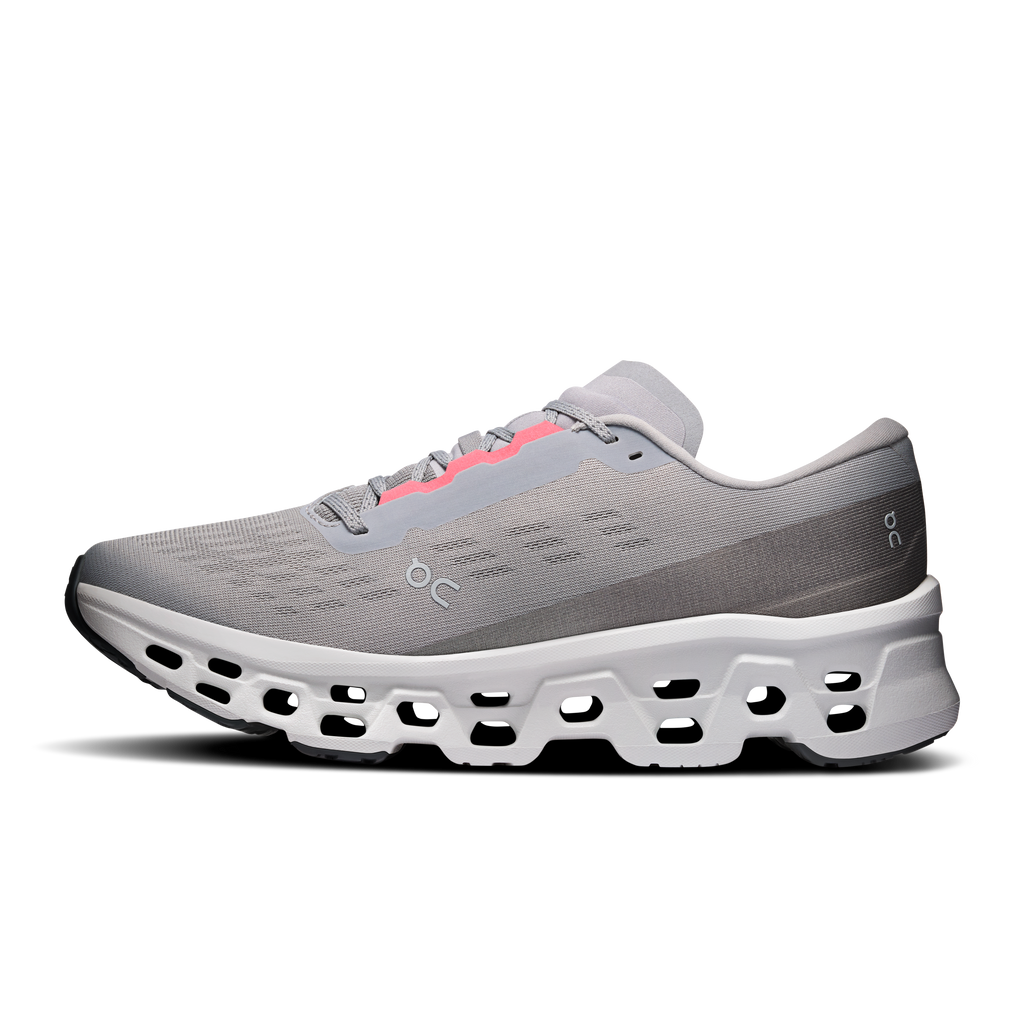 On Cloudmonster 3 running shoe, light gray upper with pink stripe and white cushioned outsole