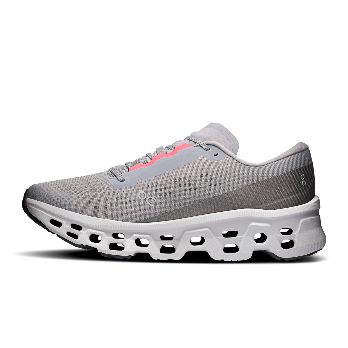 On Cloudmonster 3 running shoe, light gray upper with pink stripe and white cushioned outsole
