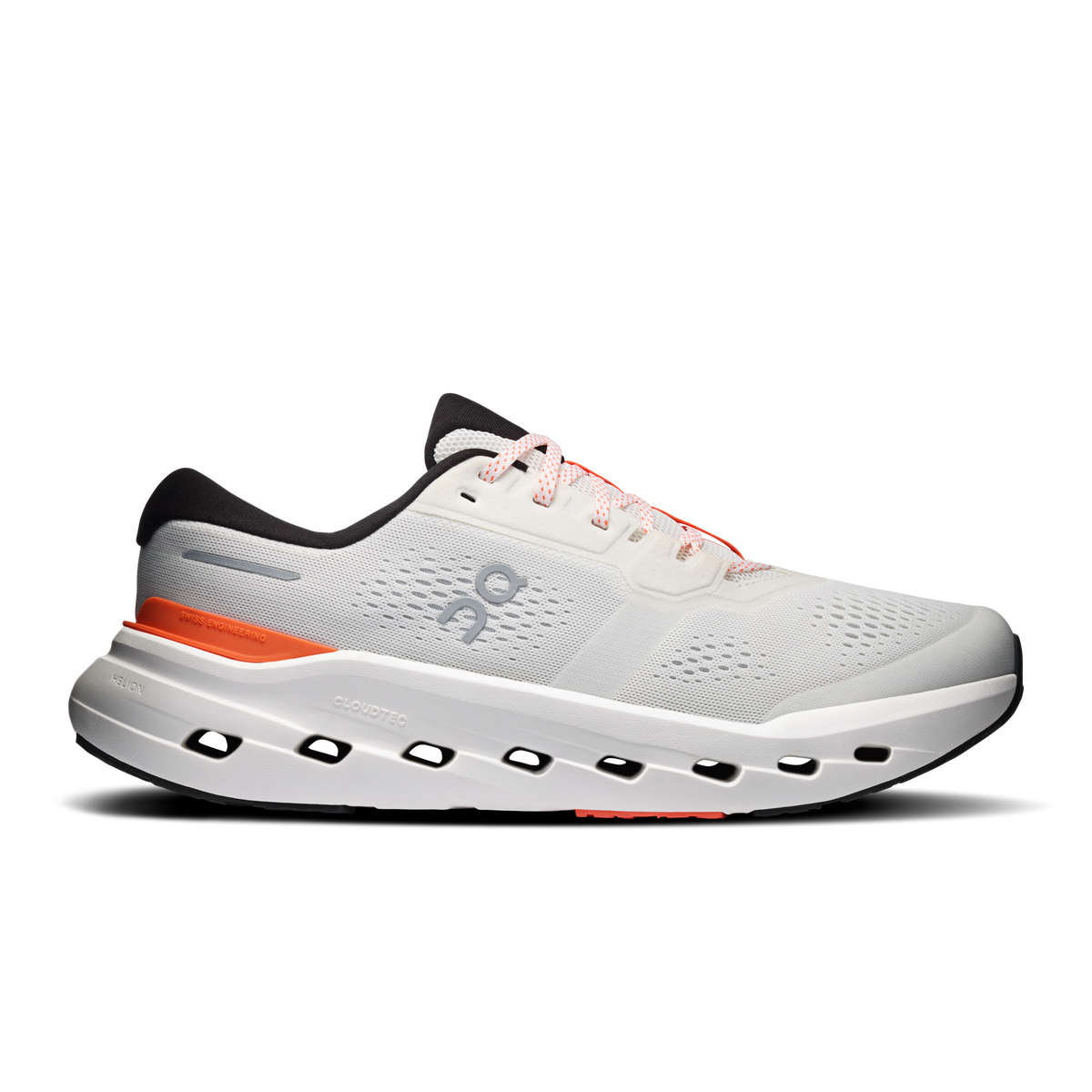 Men's running shoes with ivory knit upper, orange side accent, CloudTec outsole