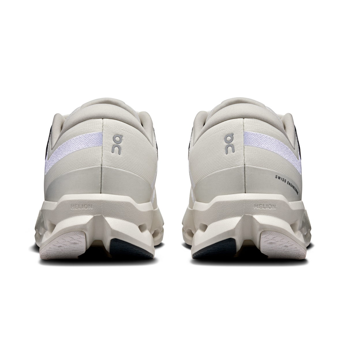 Ivory wide running shoes with cushioned heel, lavender heel stripe, and rear logo
