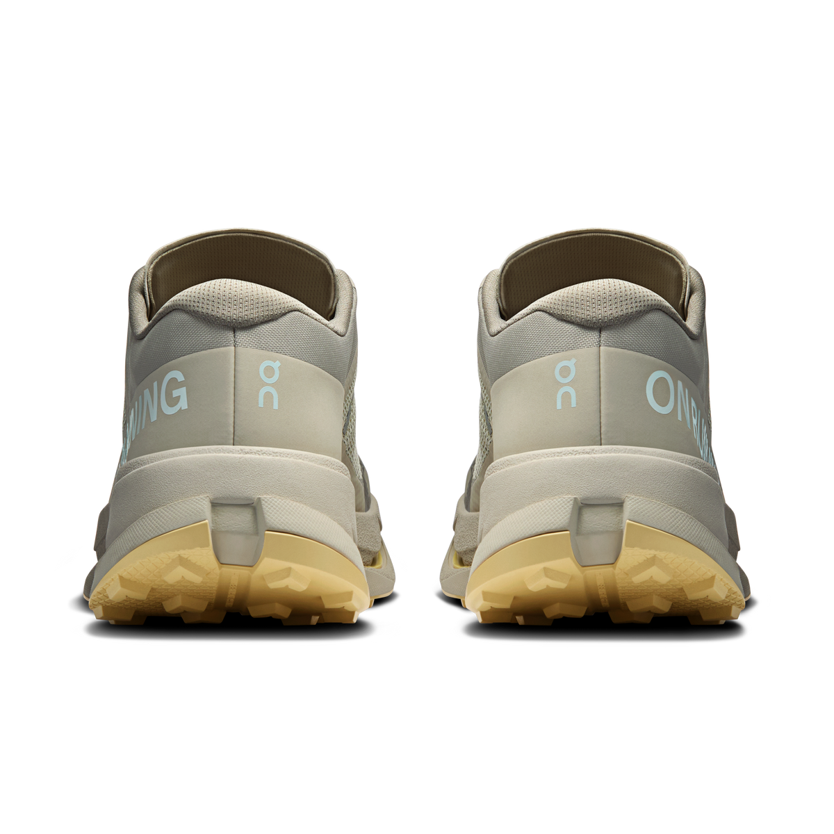 Men's running shoes heel view with padded collar, logo details, light gum outsole