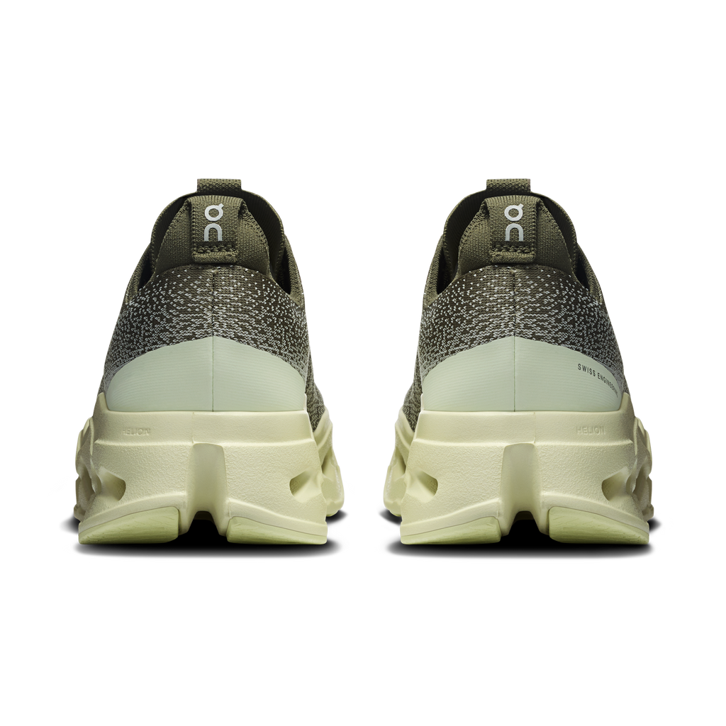 Men's On running shoes heel view, olive uppers with light seedling midsole and rear pull tabs