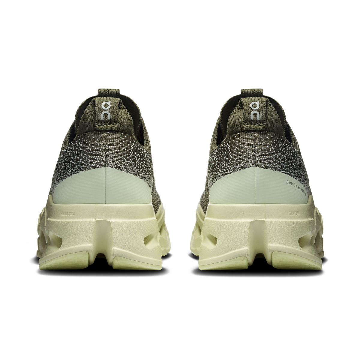 Men's On running shoes heel view, olive uppers with light seedling midsole and rear pull tabs