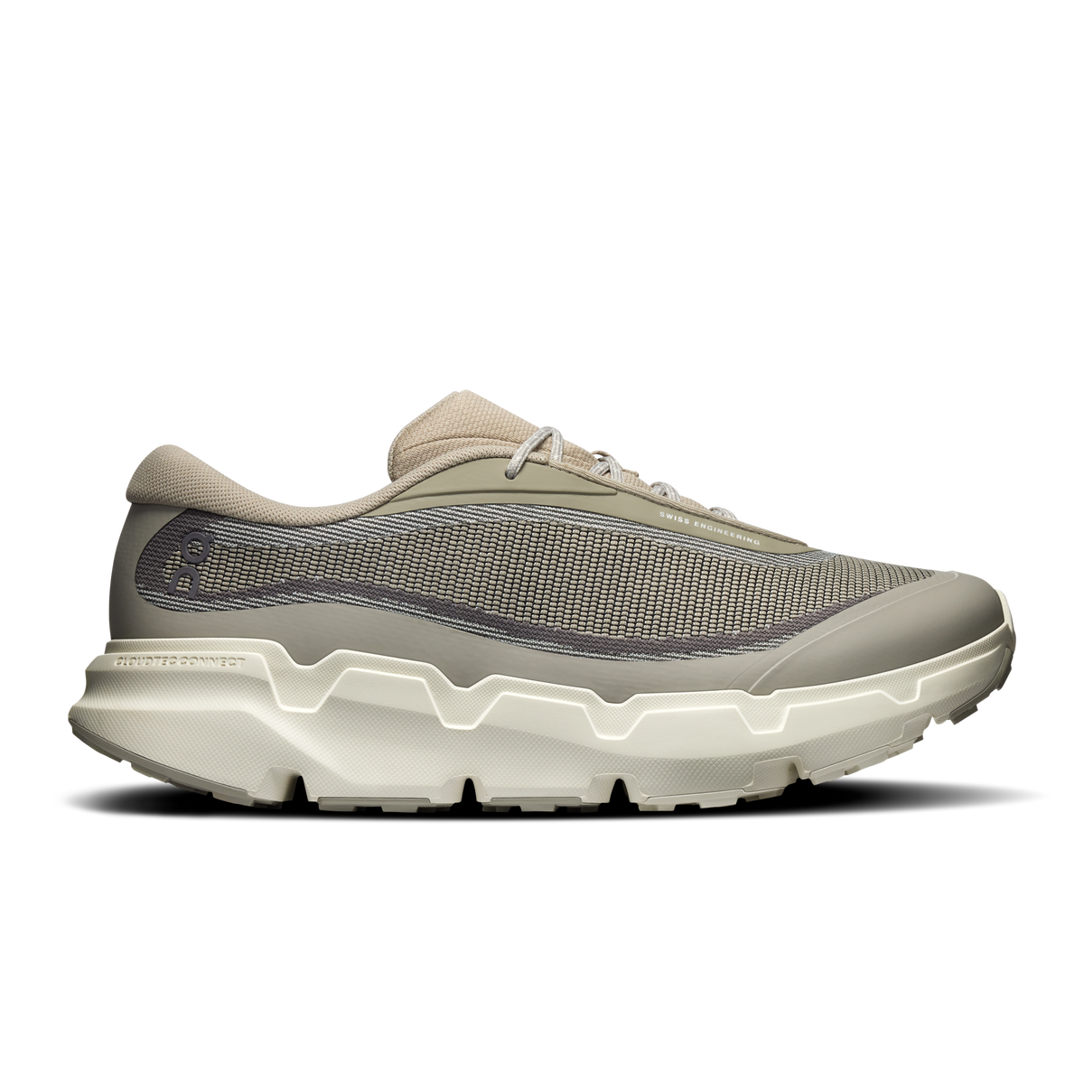 Men's trail shoes with knit upper, beige/gray, lace-up, cushioned tread sole