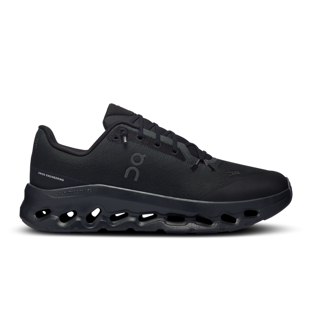 On Cloudtilt men's running shoes, dark black lace-up with CloudTec outsole
