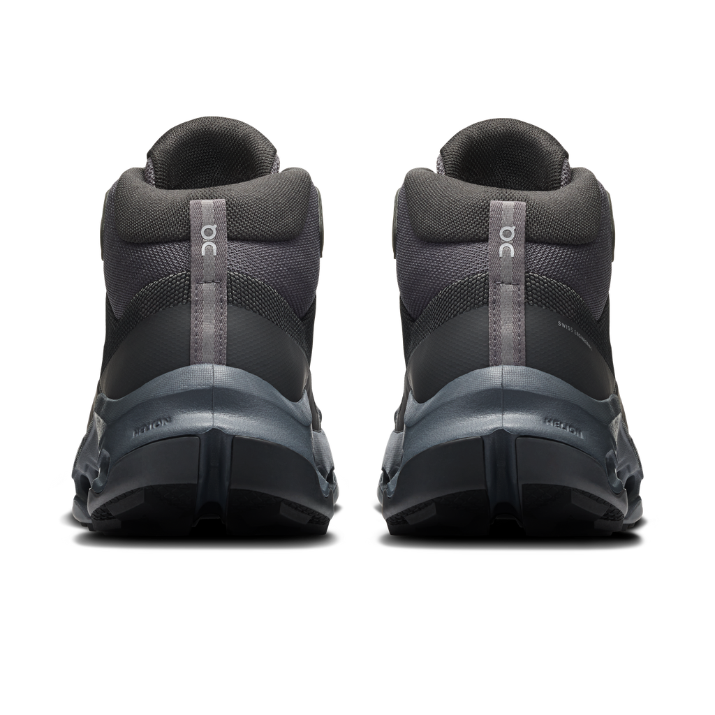 Women's On mid waterproof trail shoes, back view with heel pull tab and cushioned collar