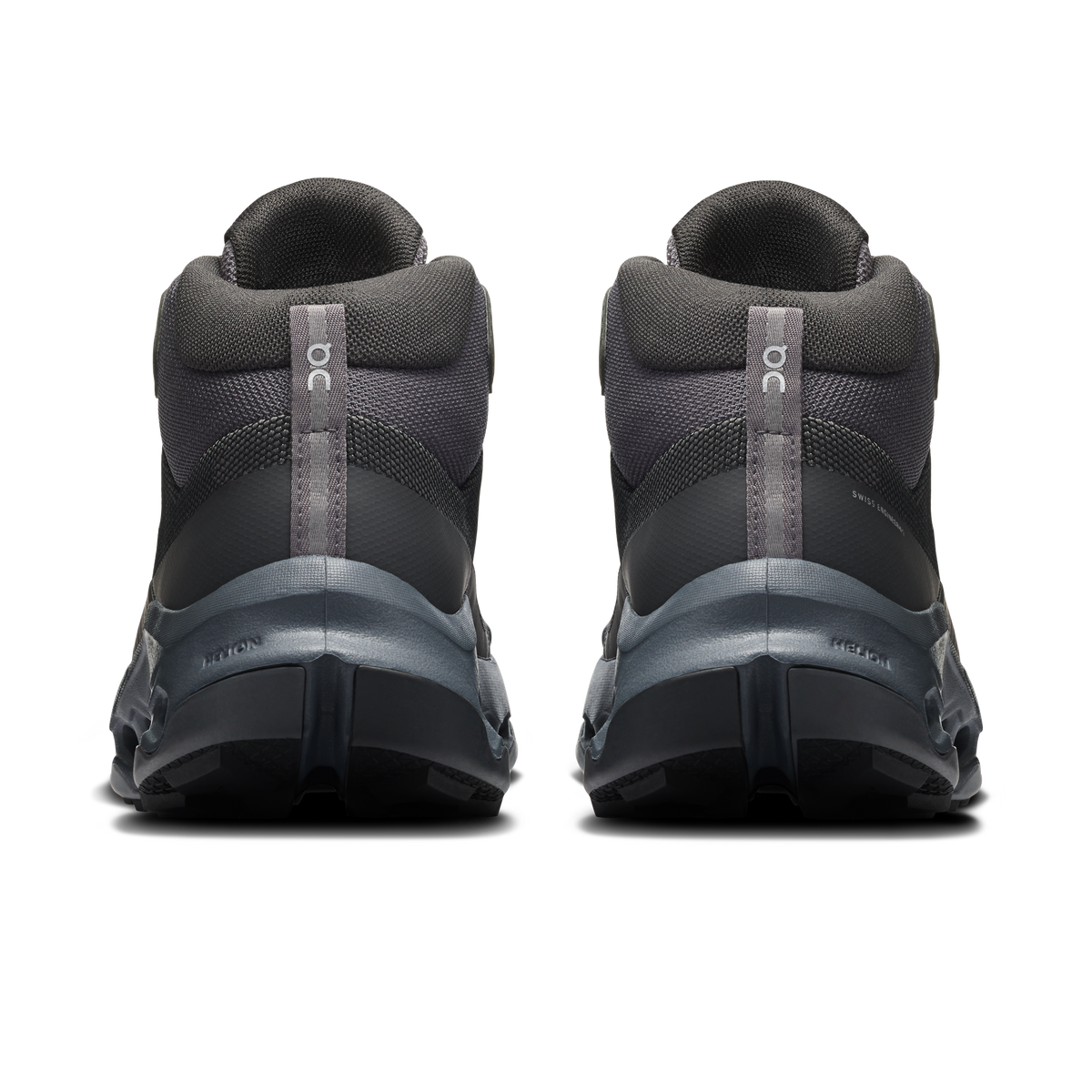 Women's On mid waterproof trail shoes, back view with heel pull tab and cushioned collar