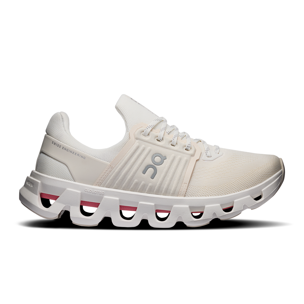 On Cloudswift 4 running shoes in ivory mesh with white sole and red/pink accents