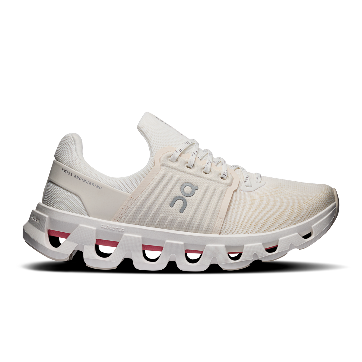 On Cloudswift 4 running shoes in ivory mesh with white sole and red/pink accents