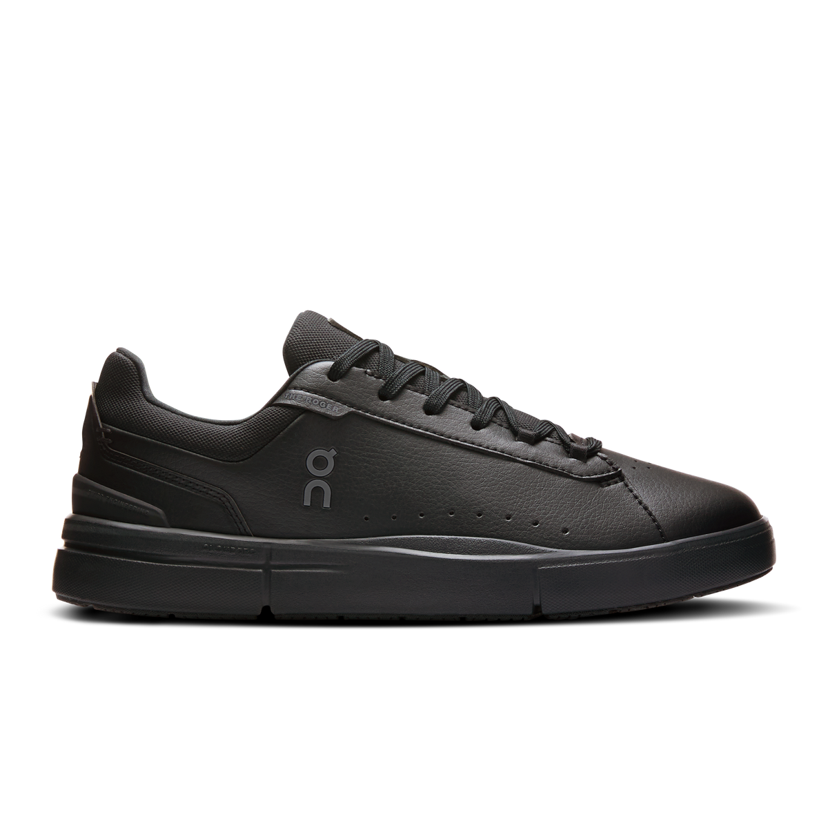 Black low-top lace-up shoes with On logo and rubber sole