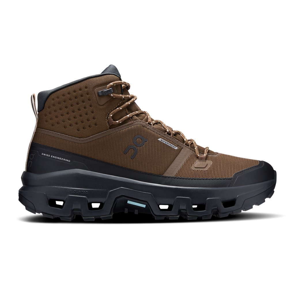 Men's mid waterproof hiking shoes in brown and black, lace-up with padded collar