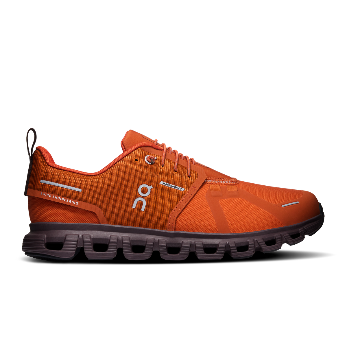 On women's waterproof running shoes, cinnamon/orange lace-up, Cloud-style sole