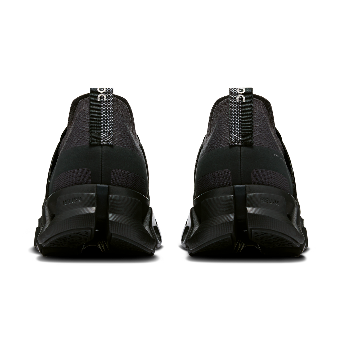 Men's black running shoes heel view with pull tab and cushioned sole
