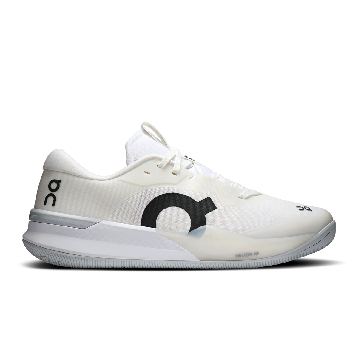 Men's white running shoes with lace-up front and On logo on side