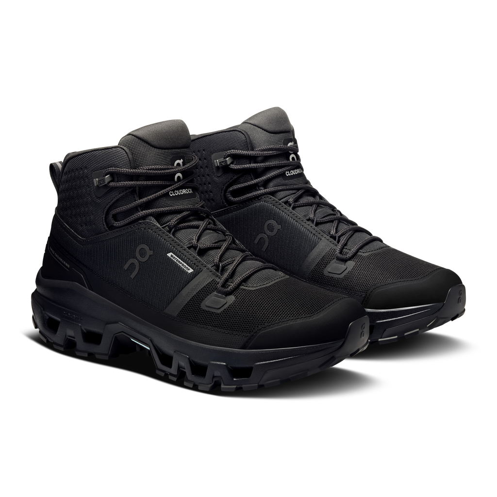 Men's mid-top waterproof shoes, black knit upper, lace-up with hook-and-loop strap