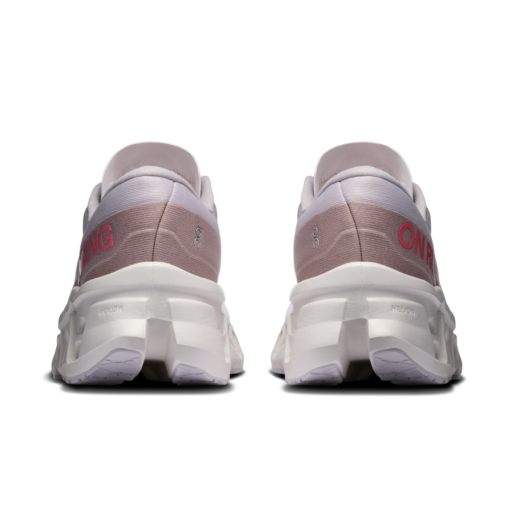 On Cloudmonster 3 women's running shoes, heel view, light gray with ivory midsole