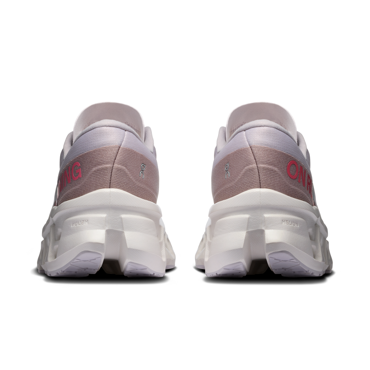 On Cloudmonster 3 women's running shoes, heel view, light gray with ivory midsole
