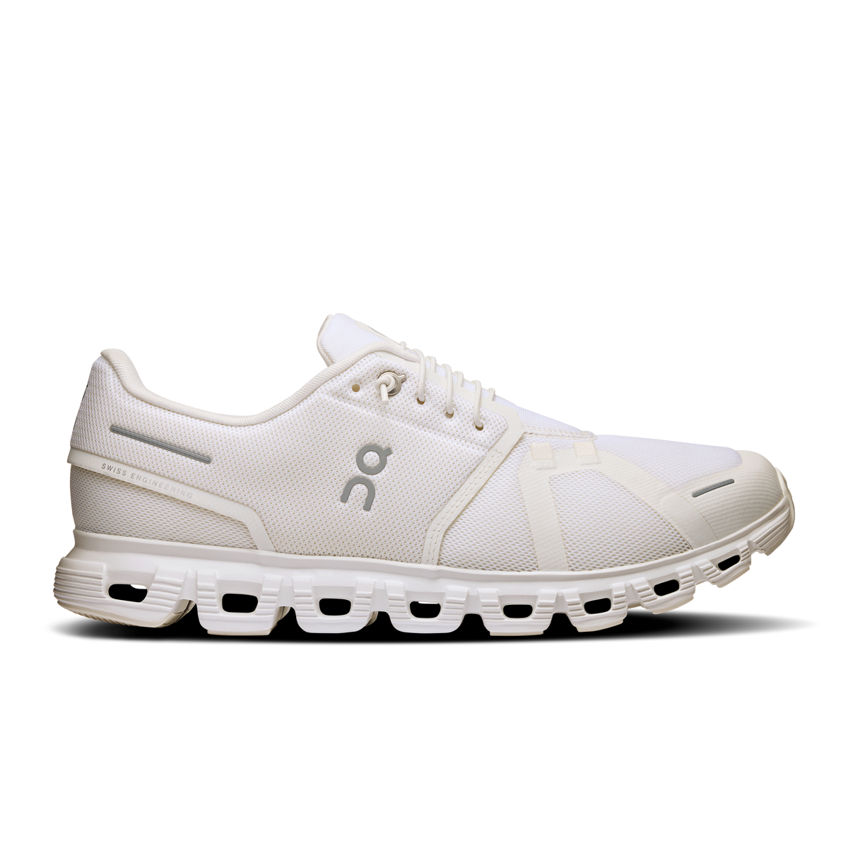 Men's white running shoes with Cloud-style cushioned sole and lace-up mesh upper