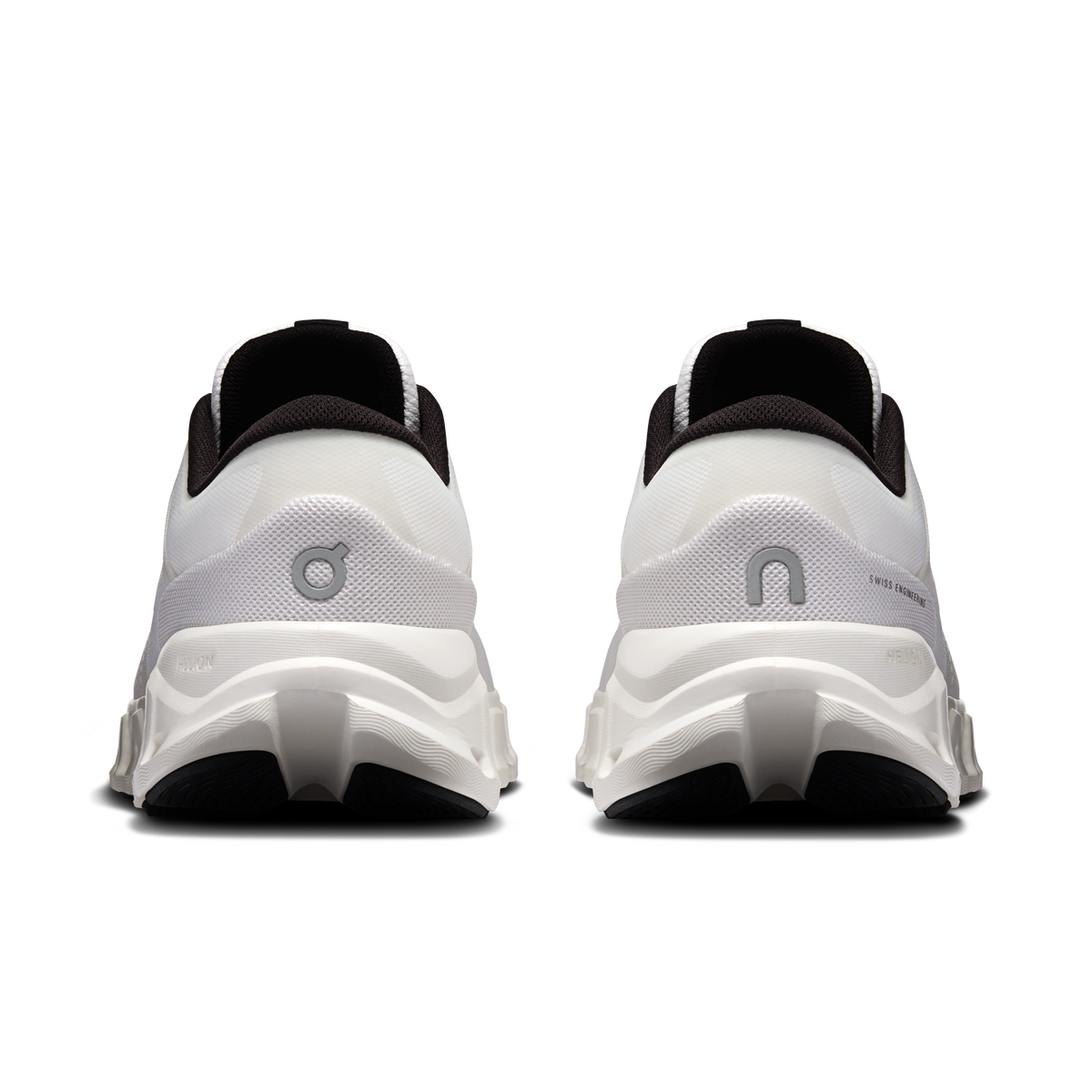 Rear view of men's white running shoes with black collar and heel padding