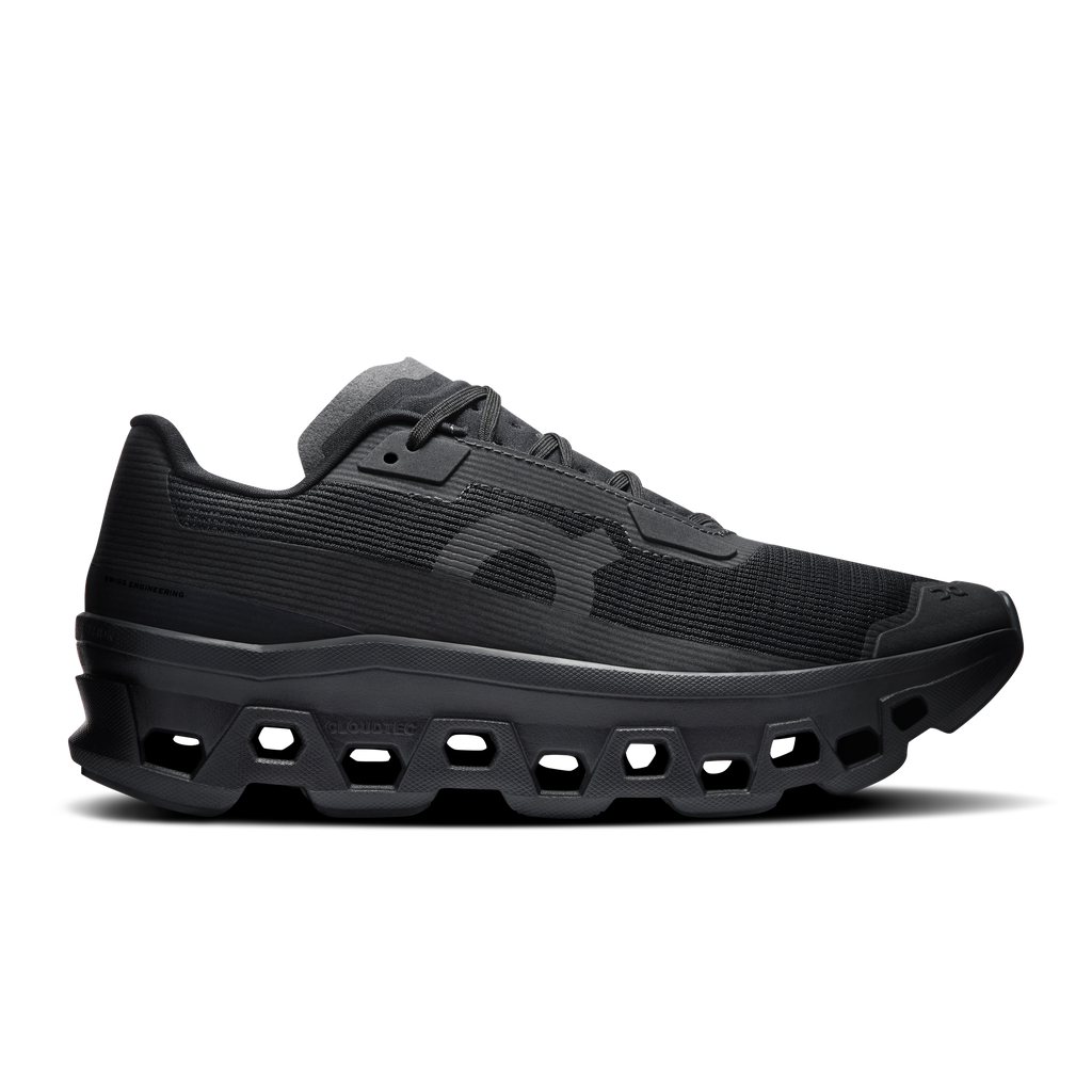 Women's black running shoes with CloudTec pod sole, lace-up mesh upper, side strap