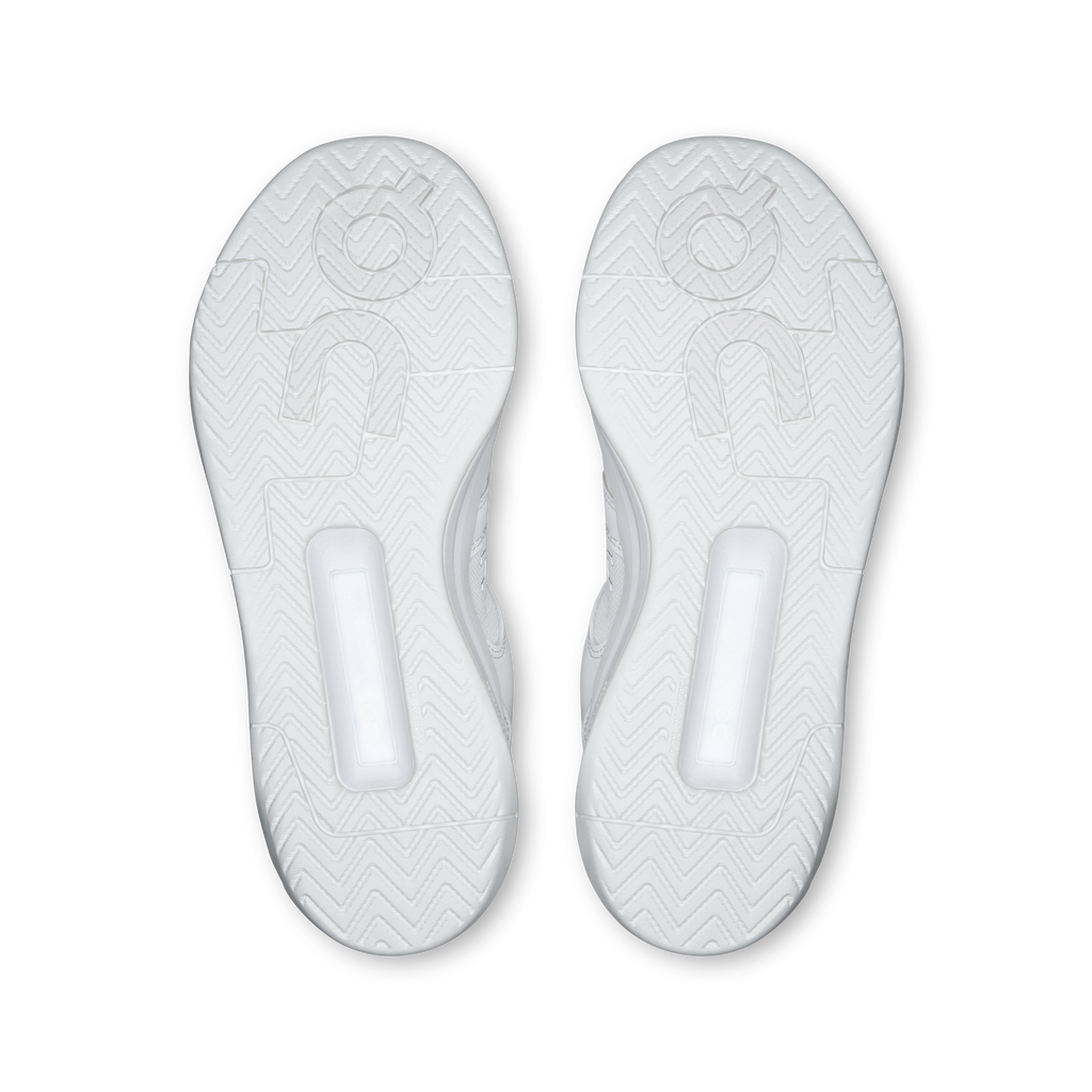 On women's running shoes outsole pair in white with traction tread and logo