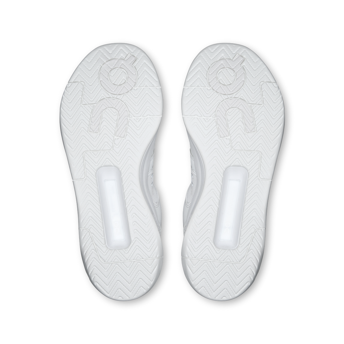 On women's running shoes outsole pair in white with traction tread and logo