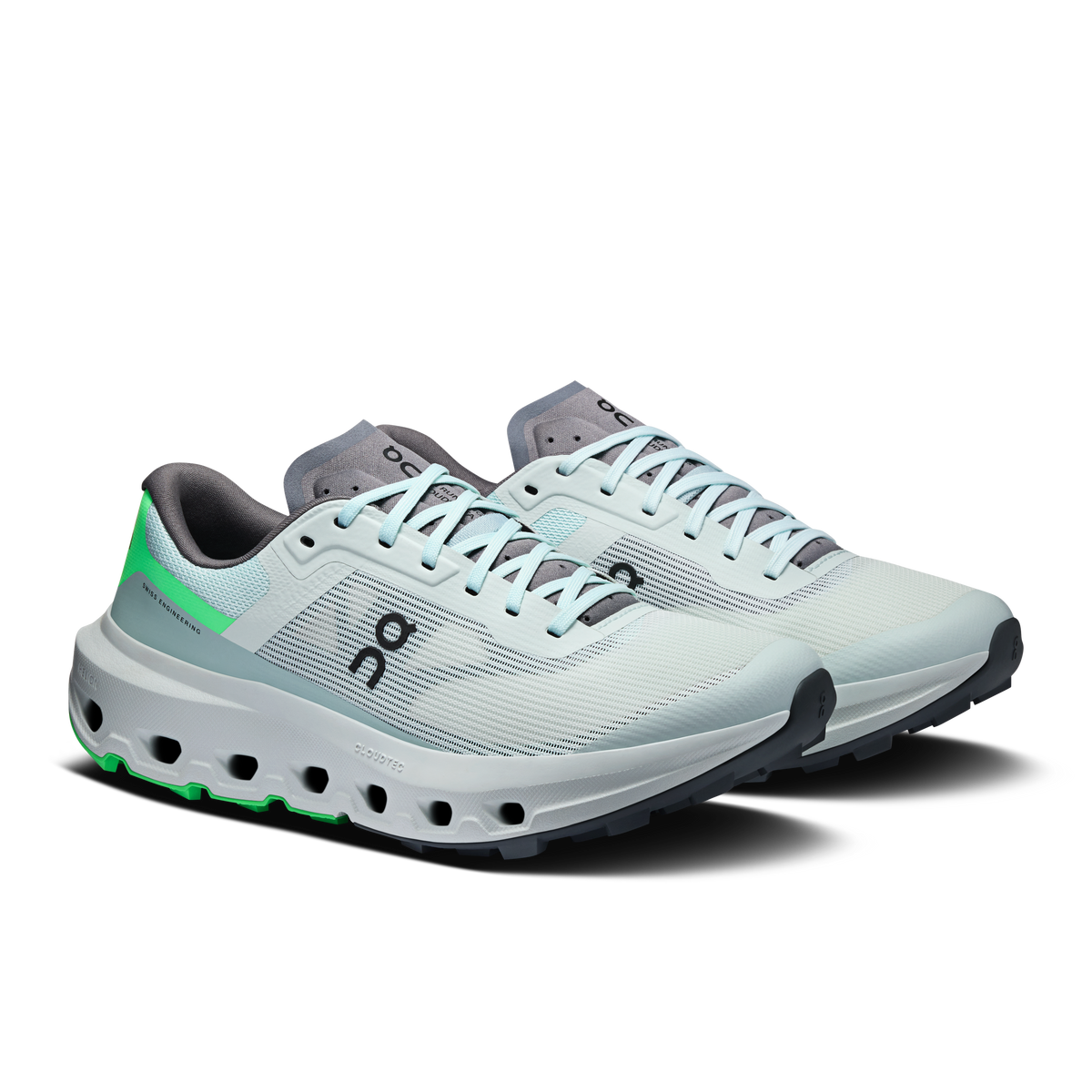 On Cloudvista 3 women's running shoes, side view in white with teal and neon green