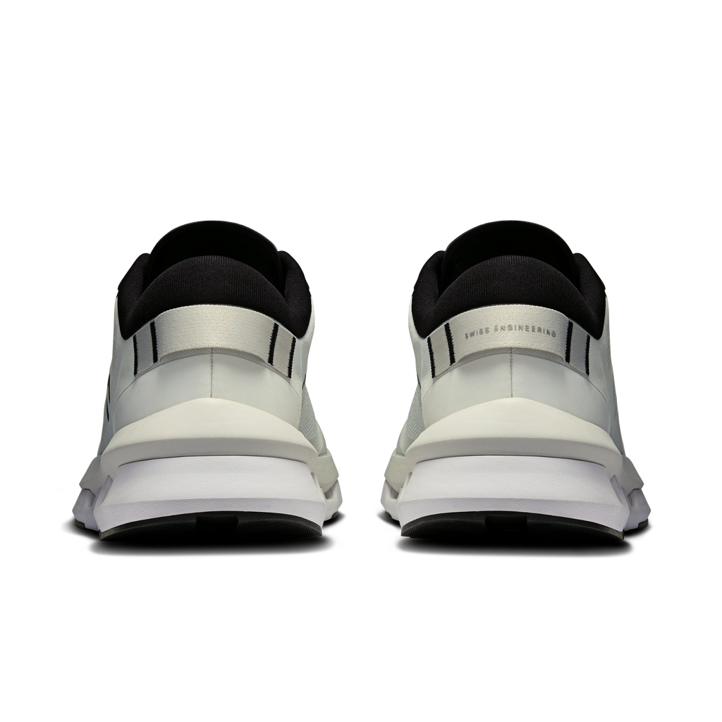 Heel view of white running shoes with black collar and strap