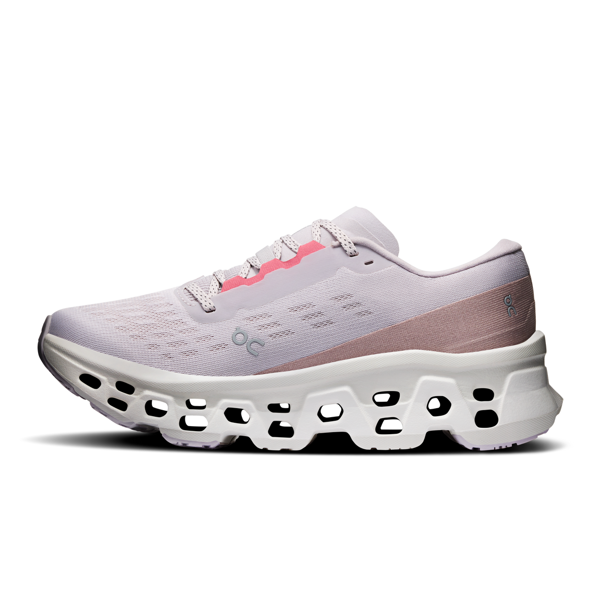 On Cloudmonster 3 women's running shoes, angled side view, light gray with mauve heel panel