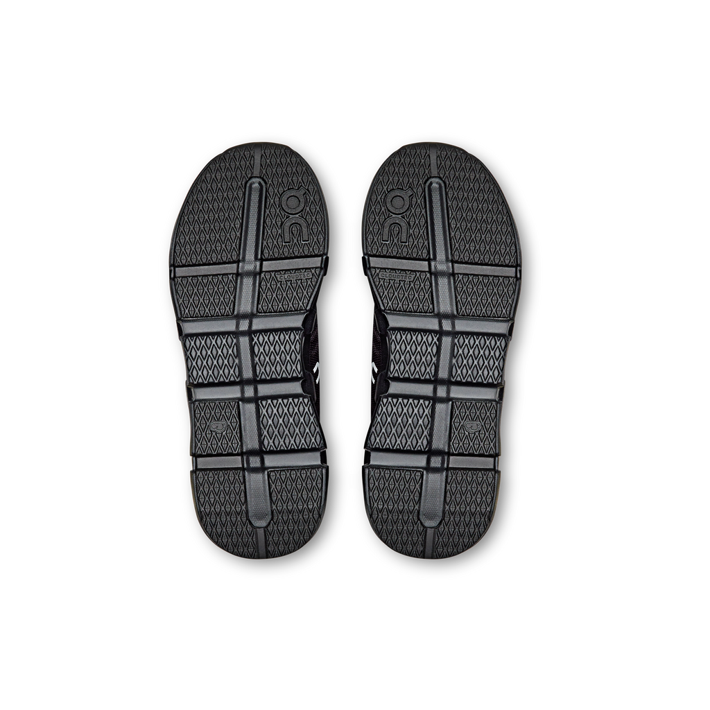 Kids' black shoe outsoles with grid tread and On logo heel sections