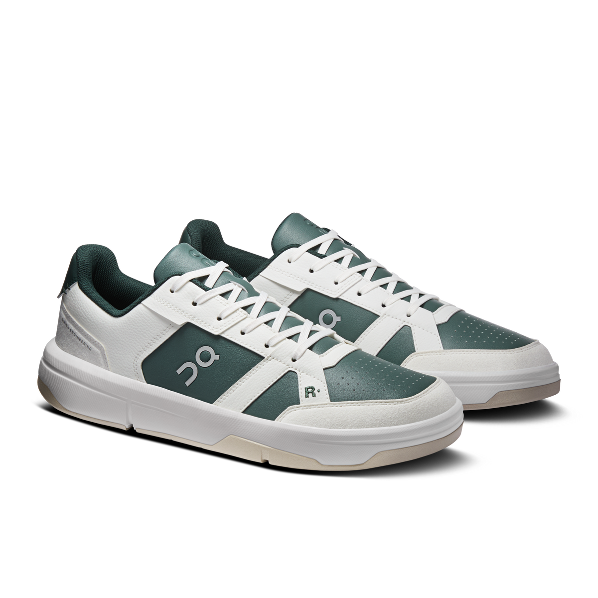 Pair of men's lace-up sneakers in ivory and olive, side view