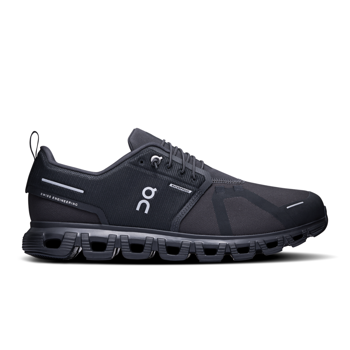 On Running men's waterproof shoes in black, lace-up knit upper with logo